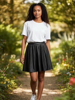 black pleated mini shimmering metallic flare skirt